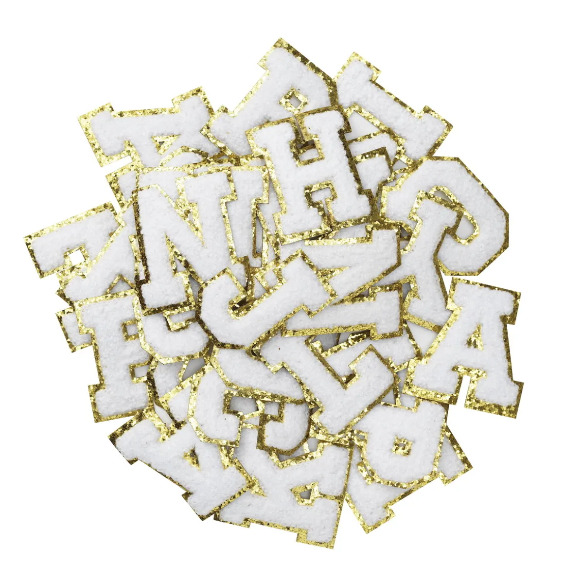 Iron-On bokstaver, hvite med gullglitter, 40 stk. A–Z, lengde 6 cm