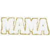 Iron-on stoffmerke MAMA i fluffy frottébokstaver med glitrende gullkant! 110×40 mm