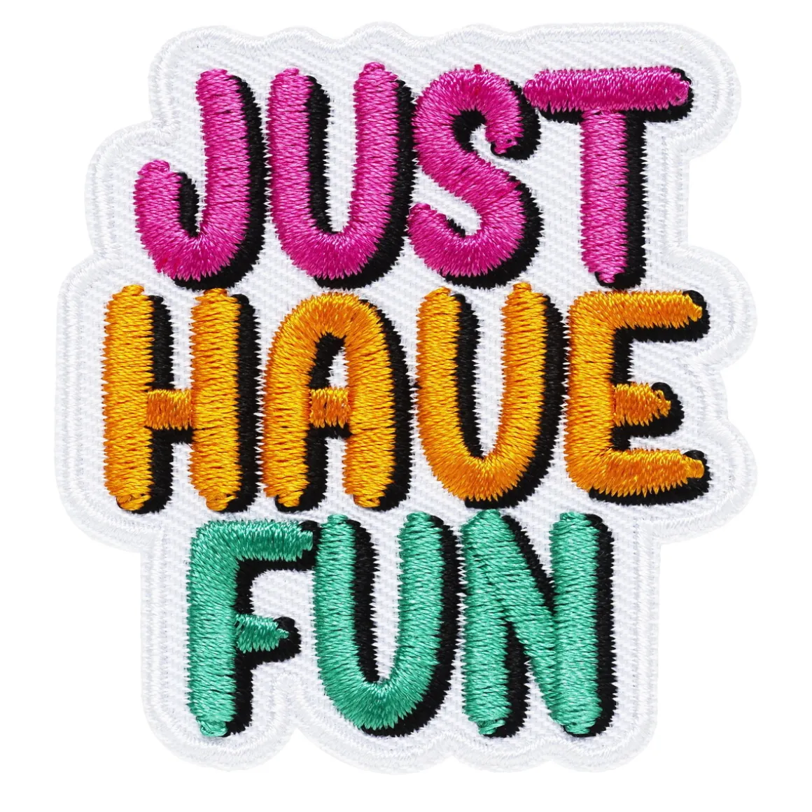 Iron-on stoffmerke med teksten Just have fun, 55×60 mm