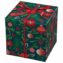 Julepapir 10-metersrull, 57 cm bred – juleblomster, bladverk og julekuler