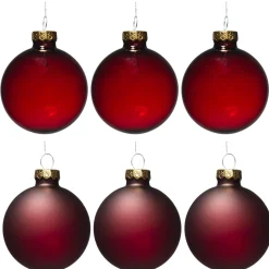 Juletrekuler, 6 fine røde julekuler av glass med diameter 6 cm – 3 matte og 3 blanke