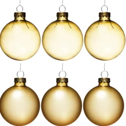 Juletrekuler, 6 stk. fine gullfargede julekuler av glass med diameter 6 cm – 3 matte og 3 blanke