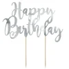 Kakepynt, cake topper, Happy Birthday i sølvbokstaver 20×13 cm