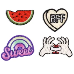 Klistremerker, 4 stk. broderte – melon, BFF, regnbue og hender