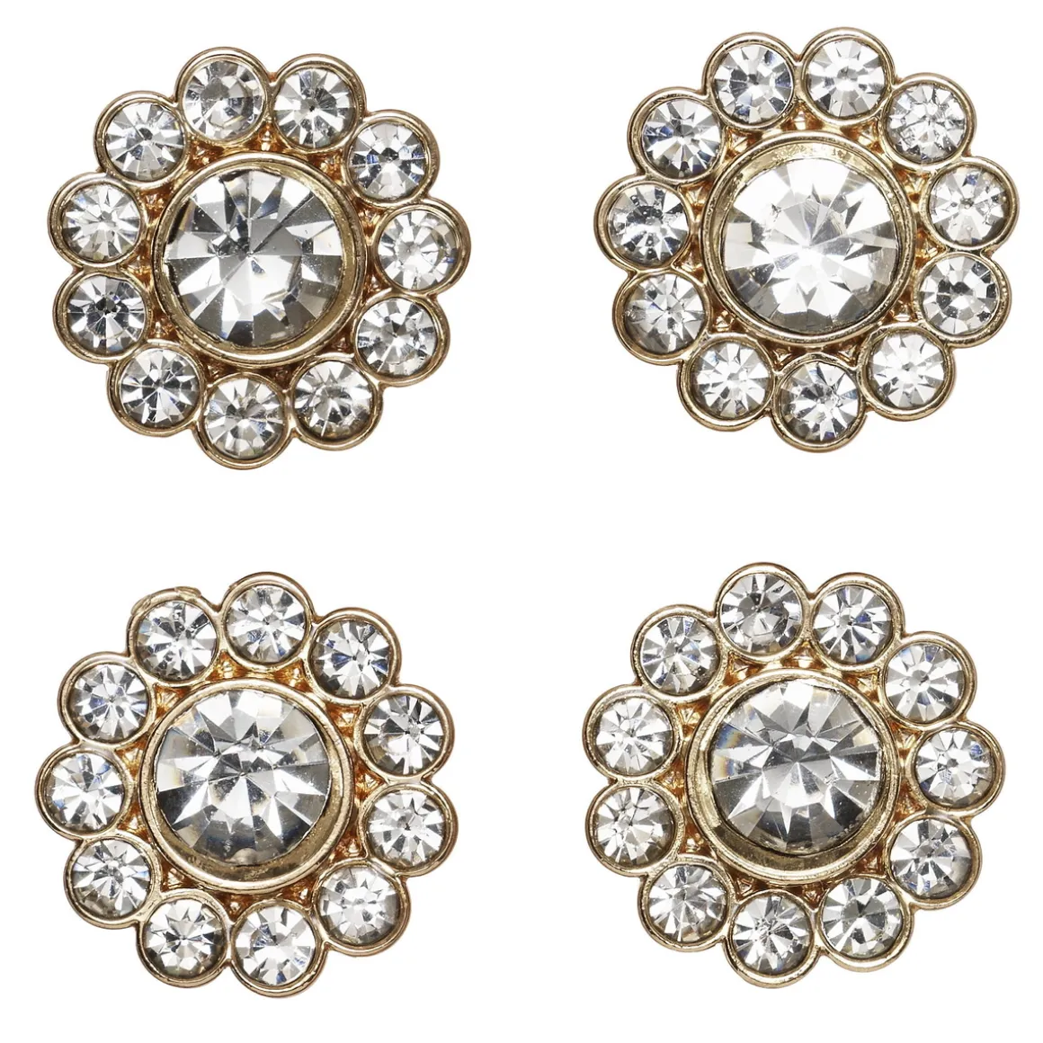Knapper med gnistrende strass omgitt av gullfarget metall, 4 stk. Ø15 mm