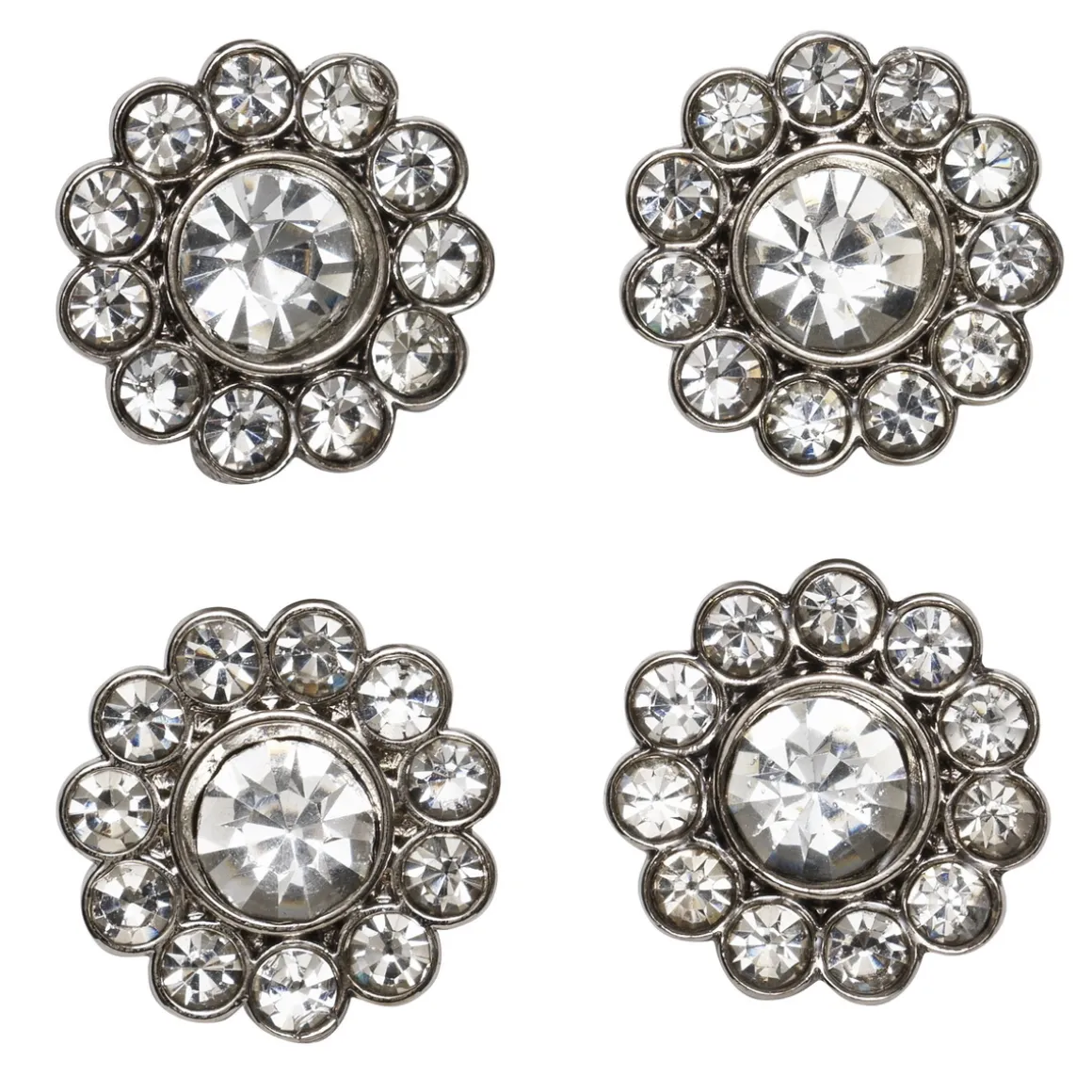Knapper med gnistrende strass omgitt av sølvfarget metall, 4 stk. Ø15 mm