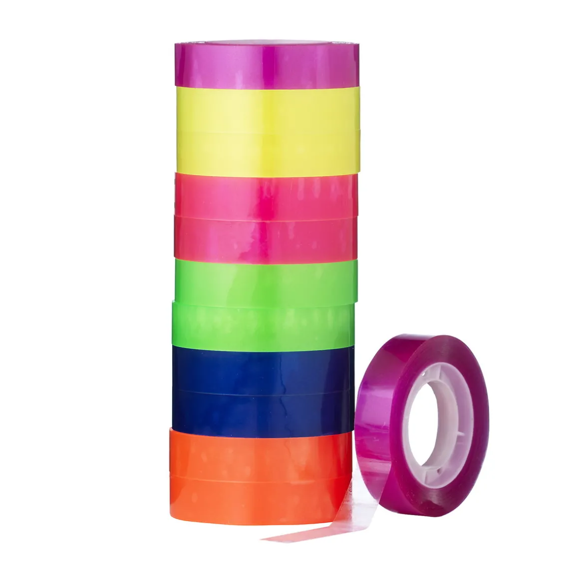 Kontortape i fargemiks med glade farger, 12 ruller à 27,4 meter, bredde 1,2 cm