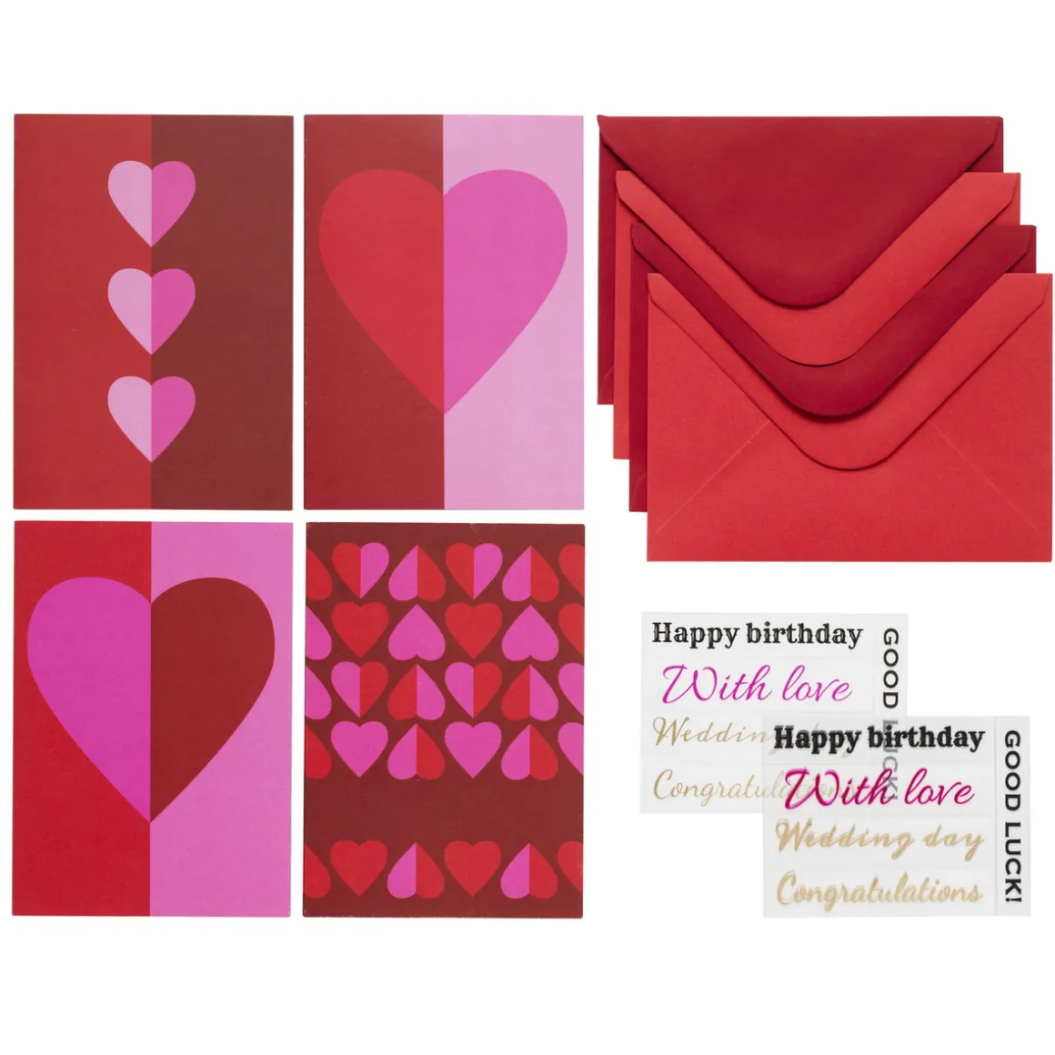 Kortkit Hjerte, alle hjerters dag & Valentine’s – 4 × A5-kort, konvolutter og stickersark