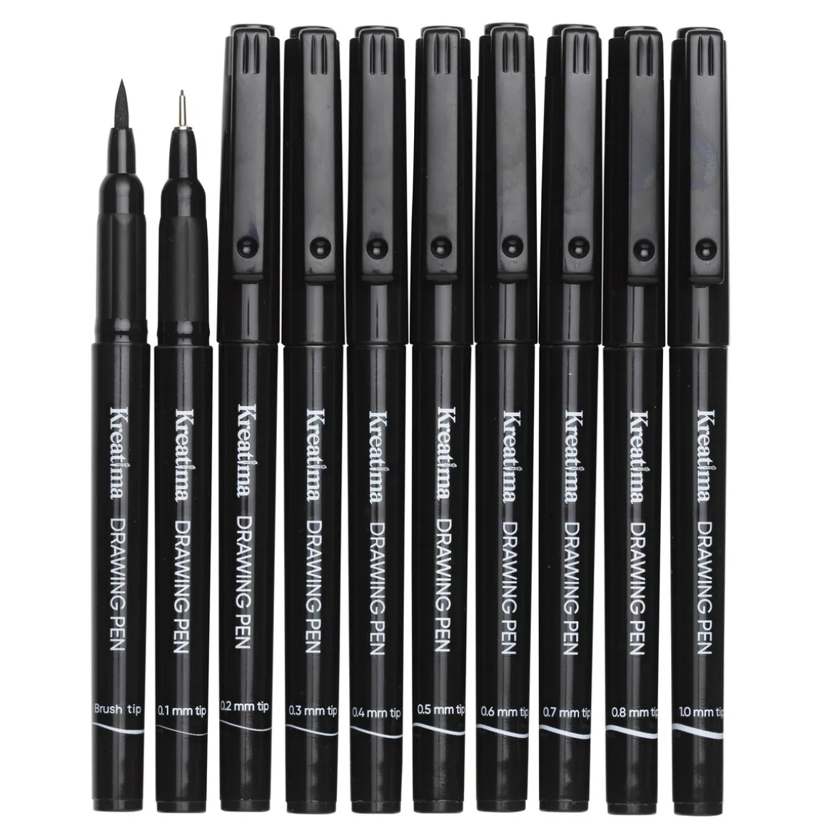 Kreatima Fineliners – 10-pakning tusjpenner i 10 størrelser 0,1–0,8, 1,0 mm + penselspiss