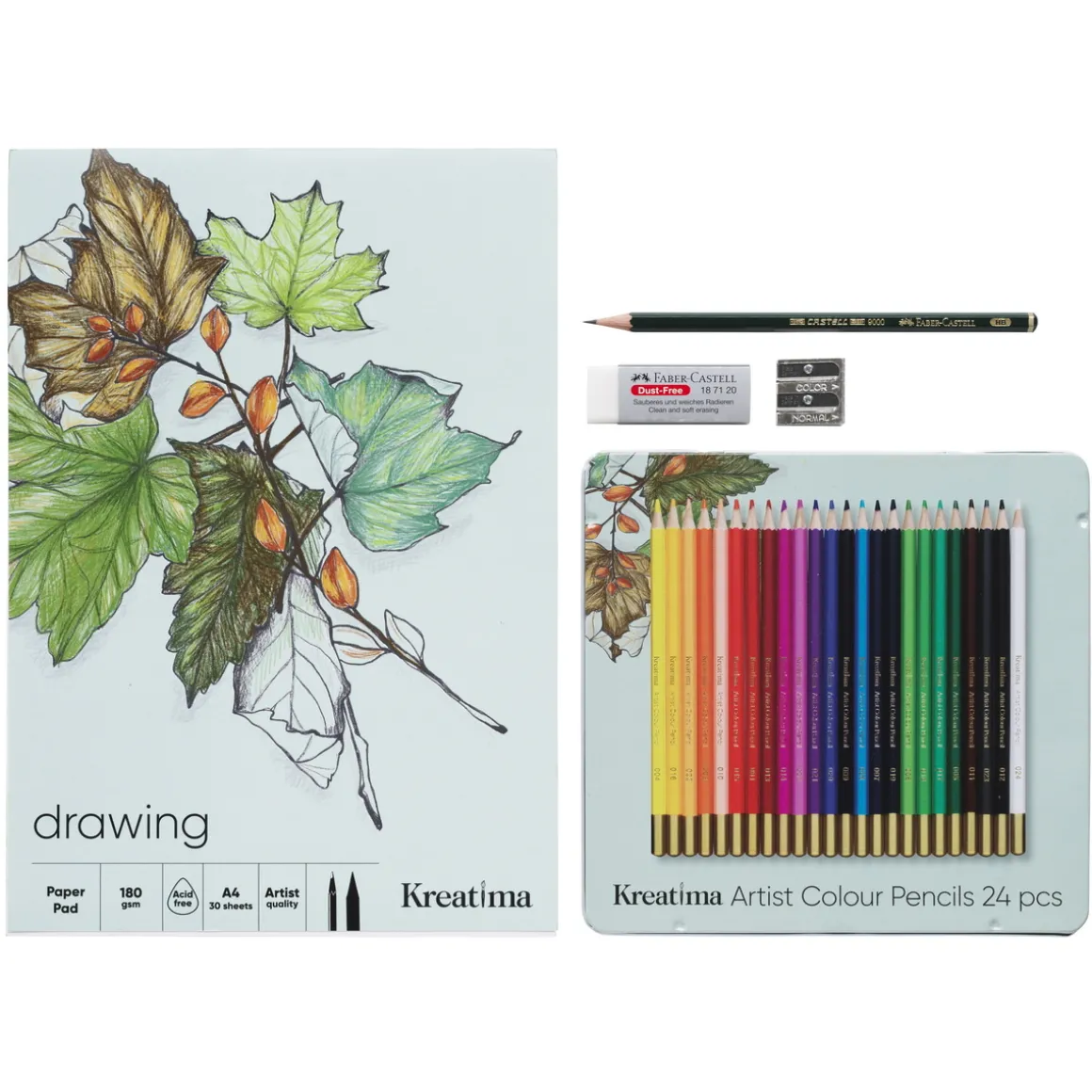 Kunstnerkit – tegn og fargelegg! Kit med fargeblyanter, blokk, blyant, viskelær og blyantspisser