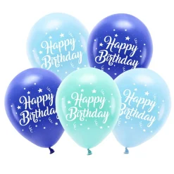 Lateksballonger 5-pakning Ø26 cm – blått tema med teksten Happy Birthday