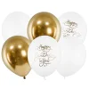 Lateksballonger 6-pakning Ø30 cm – hvite og gullfargede med teksten Happy Birthday