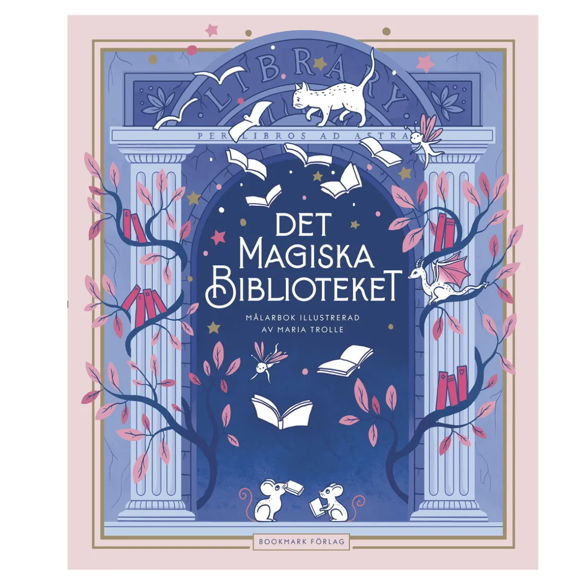 Malebok Det magiska biblioteket, illustrert av Maria Trolle, 78 sider, 21,8×25,8 cm