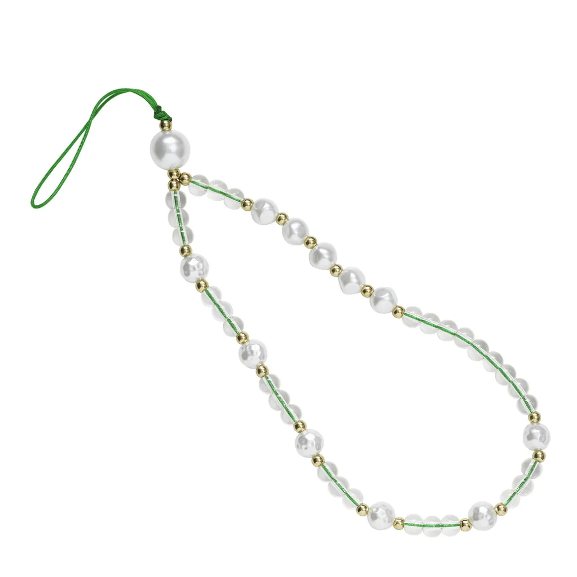 Mobillenke, mobilrem 17 cm – gylne, transparente og perlemorlignende perler