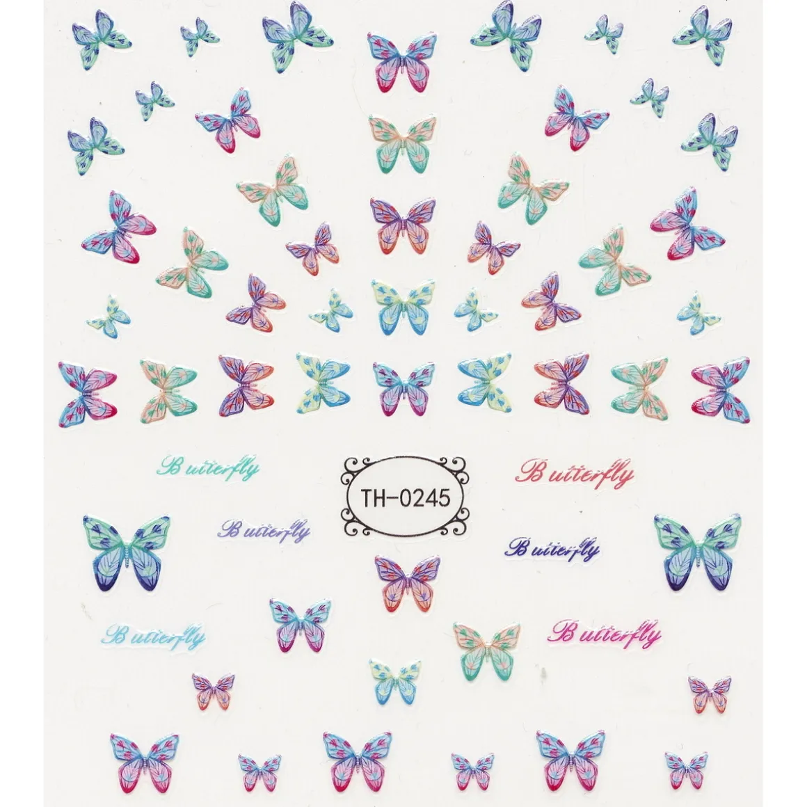Negleklistremerker pastellfargede sommerfugler og «butterfly». 1 ark på 8,5×10 cm