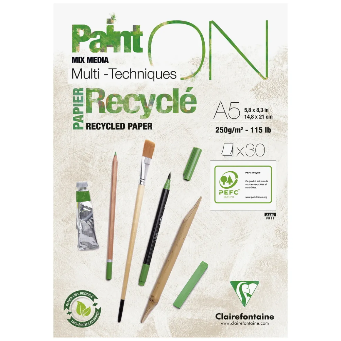 Paint ON Mix Media Multi Techniques Recyclé – kraftig A5-blokk / 30 ark fremstilt av resirkulert papir