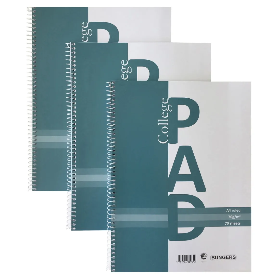 3-pakning linjerte kollegieblokker med spiralbinding A4 – 229×297 mm, 70 ark, 70 g/m²