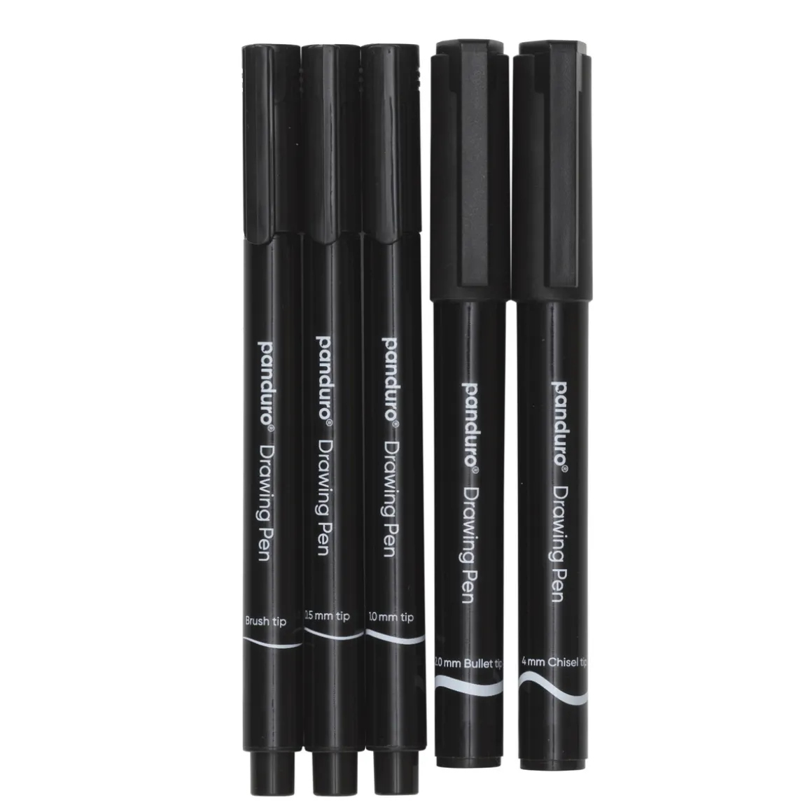 Panduro tusjpenner 0,5 mm, 1 mm, penselspiss, 4 mm skråskjært spiss og 1 mm rund spiss, svart, 5-pakning