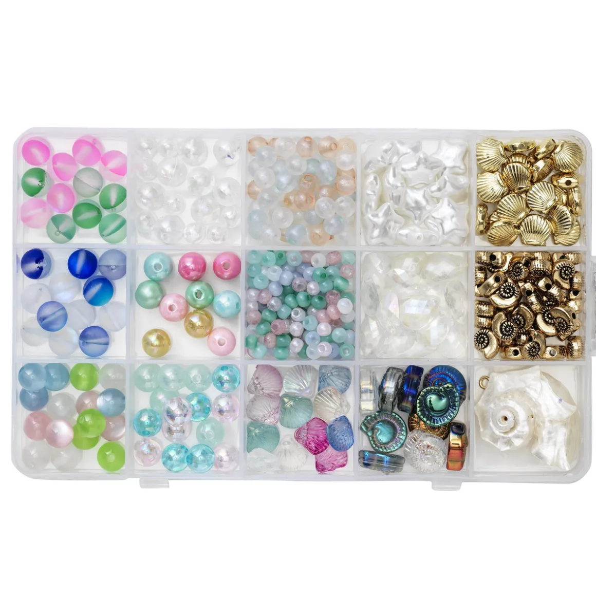 Perlemiks med glass- og plastperler med havtema + 1 skjellcharm