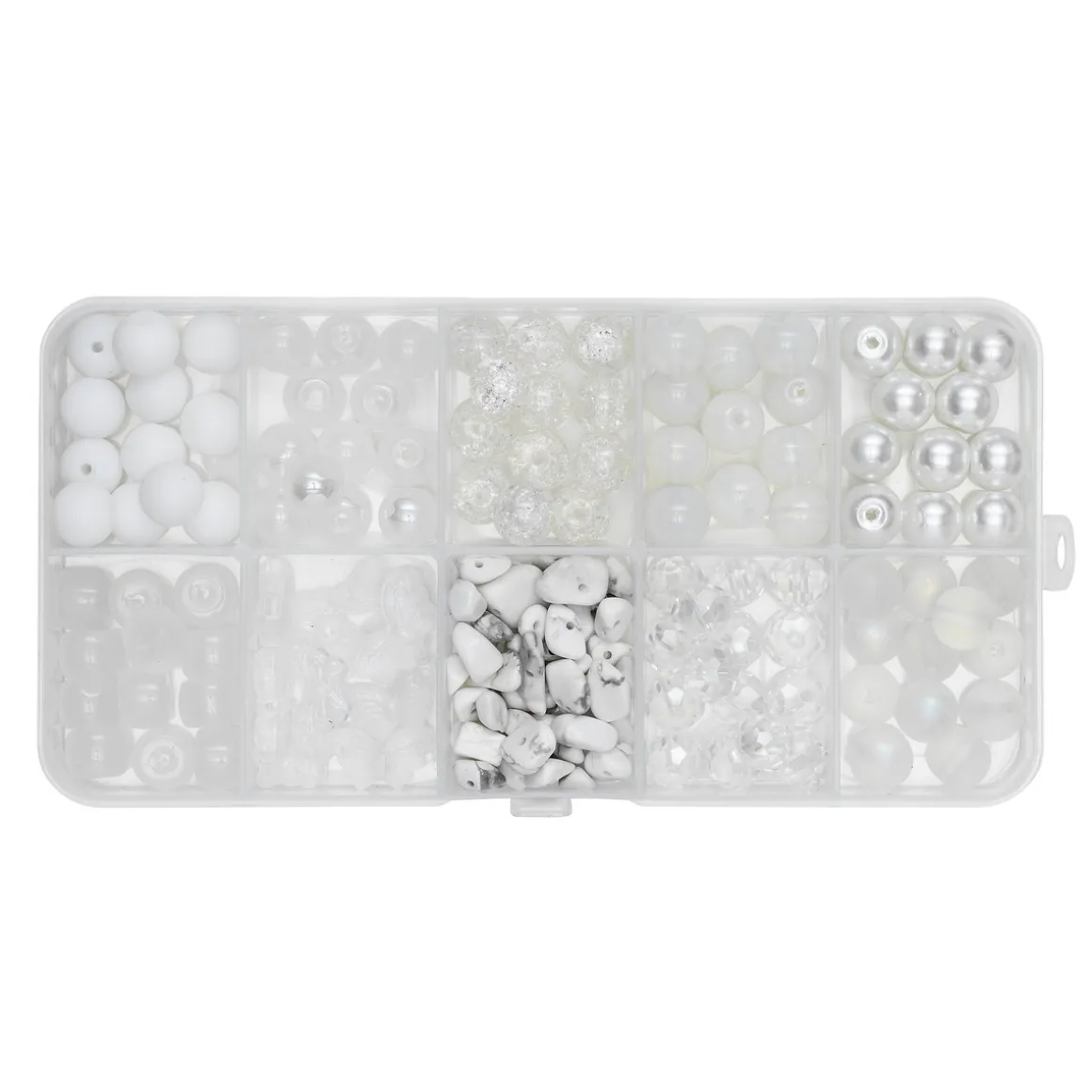 Perlemiks med runde glassperler i lyse og hvite nyanser, samt steinperler og sommerfuglperler