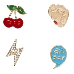 Pins, badges, 4 stk. gylne og fargerike minibrosjer med Girlpower!