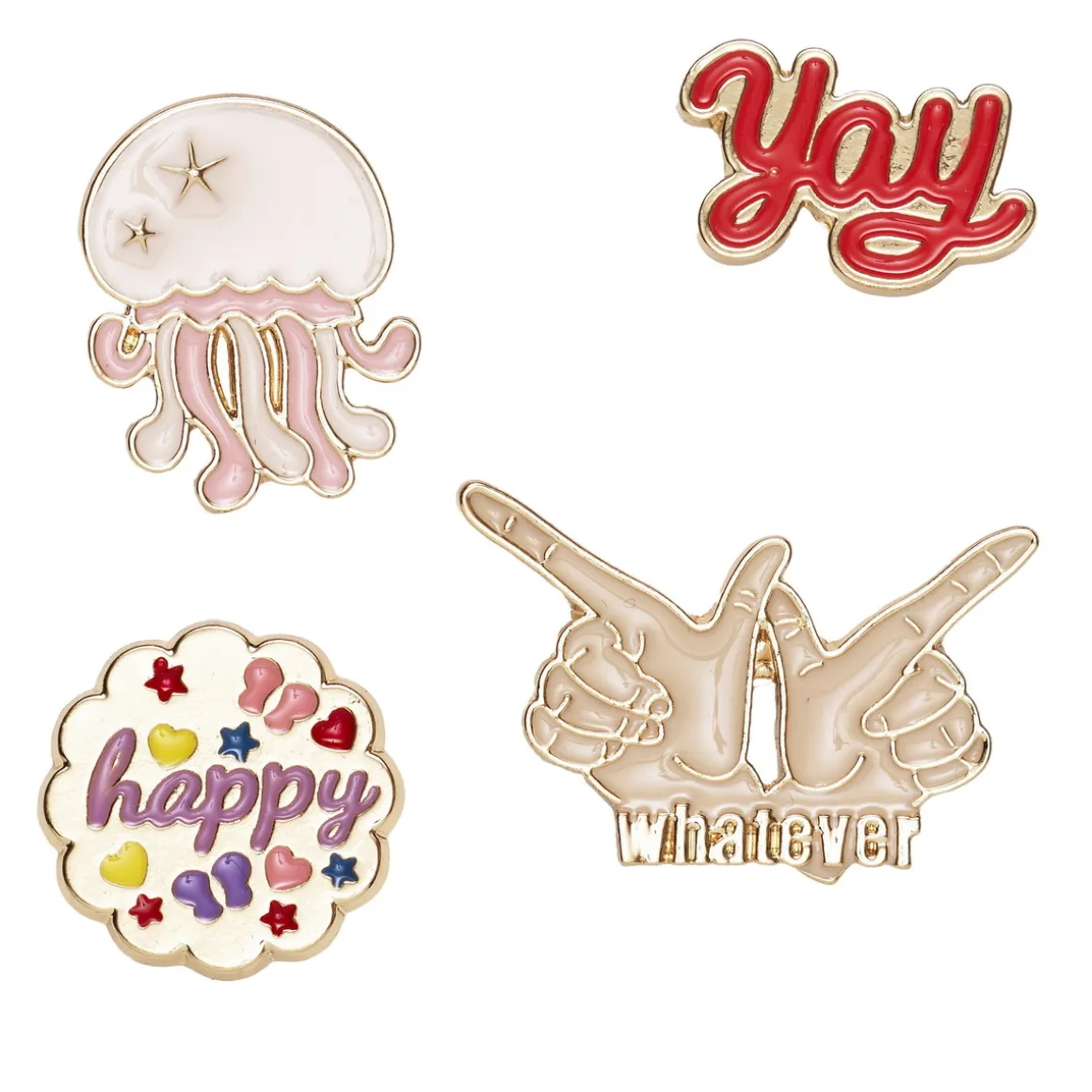 Pins, badges, 4 stk. gylne og fargerike minibrosjer med attityde og en manet!