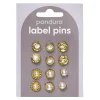 Pins, badges, 12 stk. herlig gullfargede og gnistrende små minibrosjer med diameter 10–12 mm