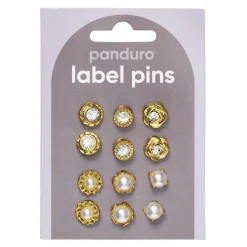 Pins, badges, 12 stk. herlig gullfargede og gnistrende små minibrosjer med diameter 10–12 mm