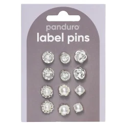 Pins, badges, 12 stk. herlig sølvfargede og gnistrende små minibrosjer med diameter 10–12 mm