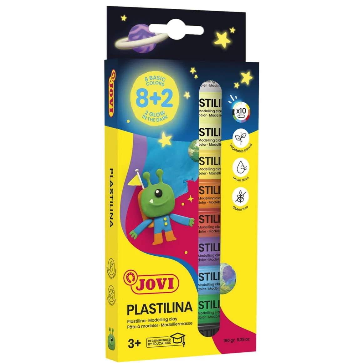 Plastilina lekeleire 10×15 g – 8×15 g fargerike basisfarger og 2×15 g selvlysende leire