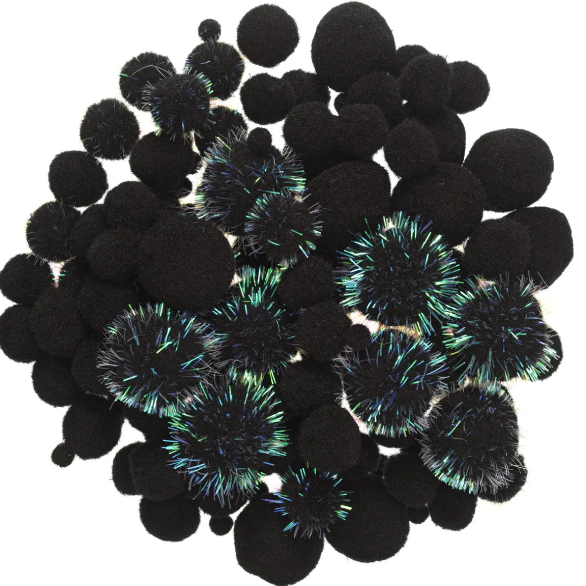Pom Pom mix svarte og svarte med glitter! Ø8–30 mm, 150 stk.
