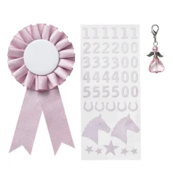 Premiesløyfe til kjepphest Ø7 cm og klistremerker i rosa tema + 1 engelcharm