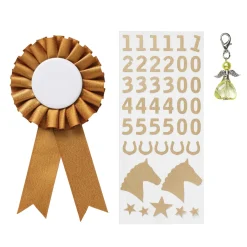 Premiesløyfe til kjepphest Ø7 cm og klistremerker i gullfarget tema + 1 engelcharm