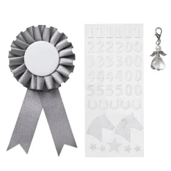 Premiesløyfe til kjepphest Ø7 cm og klistremerker i sølvfarget tema + 1 engelcharm