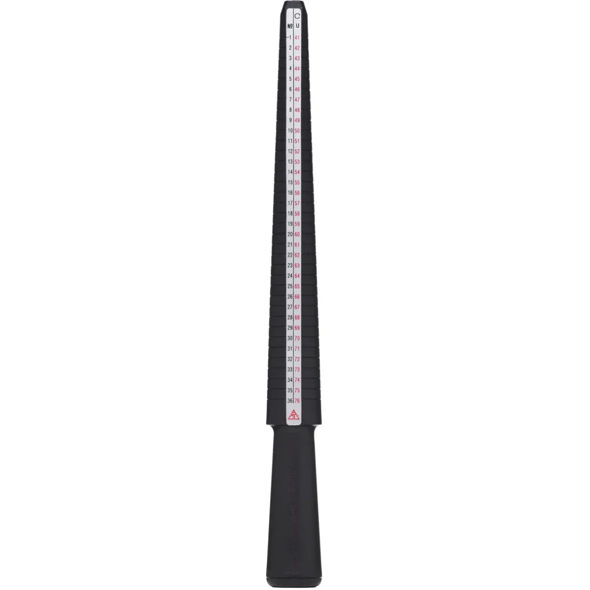 Ringmåler – 27 cm lang – med mål i millimeter, amerikansk standard, europeisk standard og numerisk standard