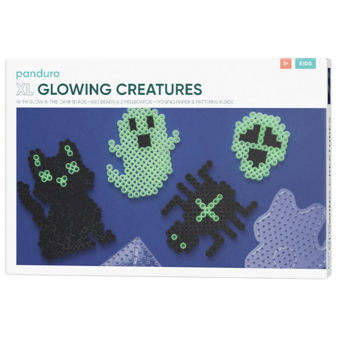 Rørperler XL-sett Glowing Creatures – 600 svarte og selvlysende XL-perler + 2 perleplater