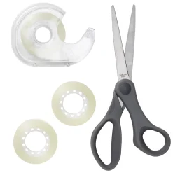 Saks, tapeholder og tape, perfekt sett til hobbyprosjekter og hjemmekontoret