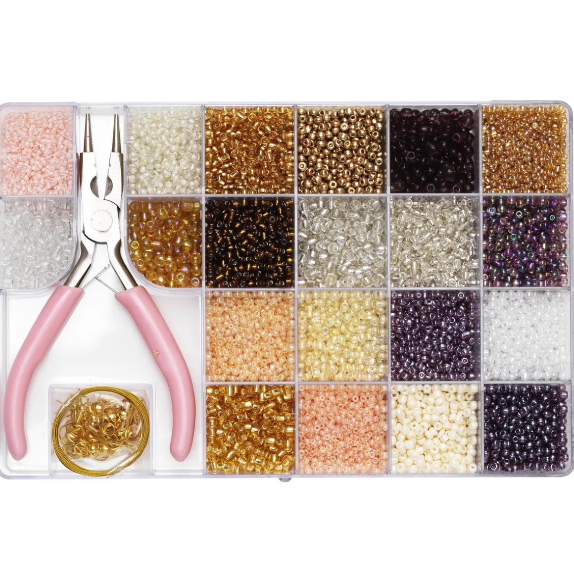 Seed bead kit – med en mengde glinsende rocaillesperler, smykketilbehør, tråd og en rundtang