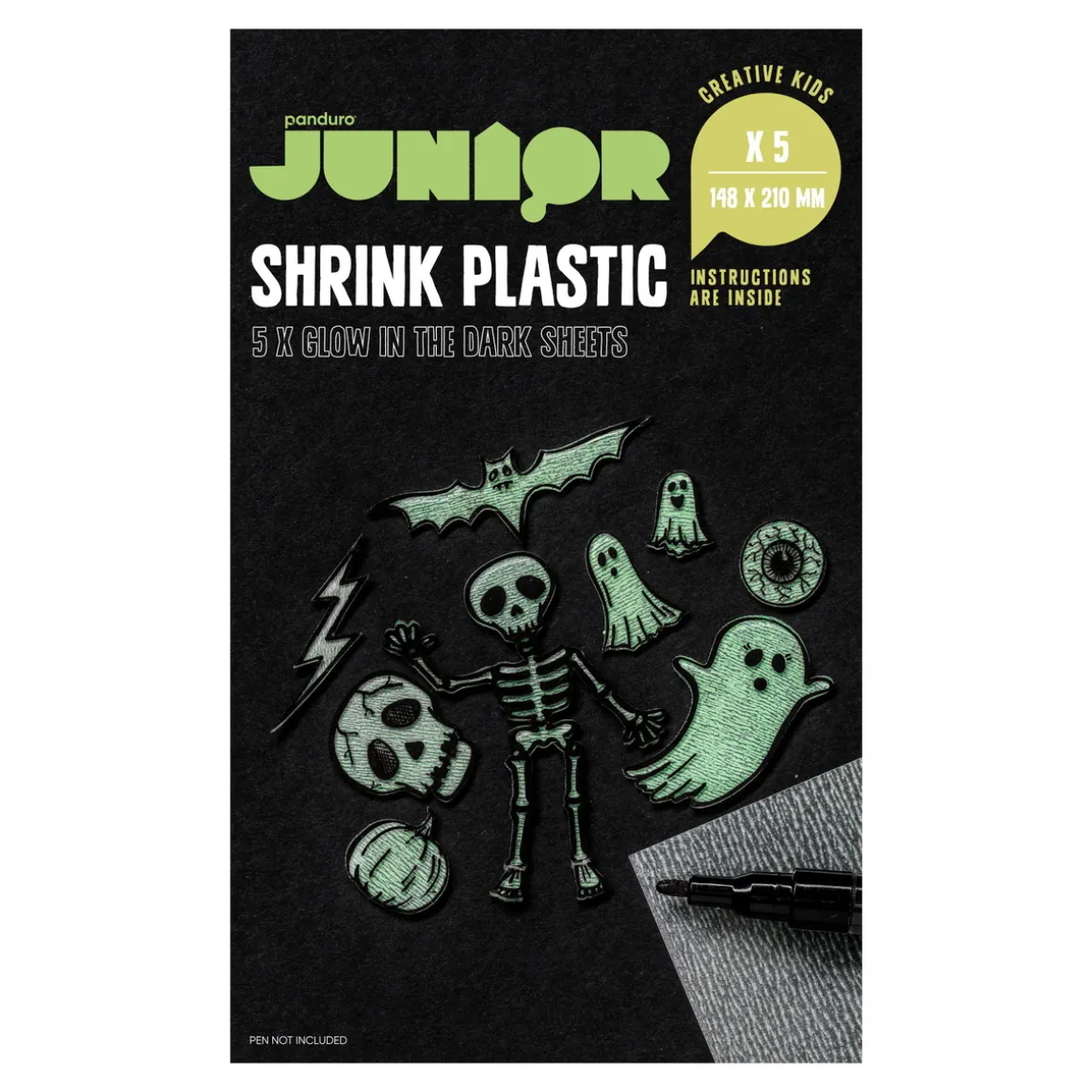 Selvlysende glow in the dark krympeplast – 5 ark A5 (148x210 mm)