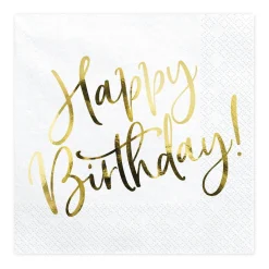 Servietter, 20-pakning med tekst i gull metallic: Happy Birthday – 16,5×16,5 cm