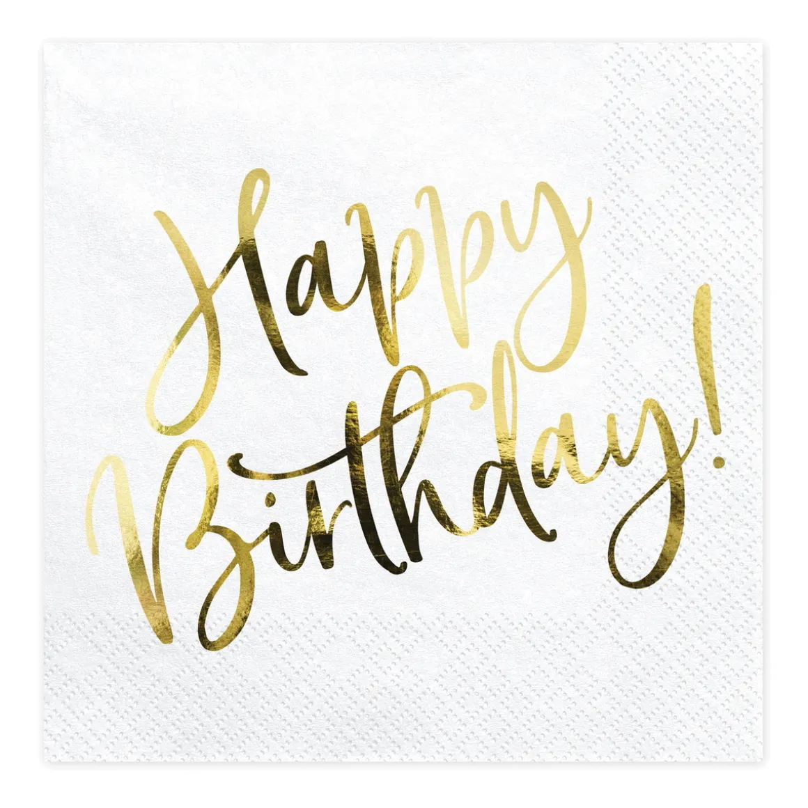 Servietter, 20-pakning med tekst i gull metallic: Happy Birthday – 16,5×16,5 cm