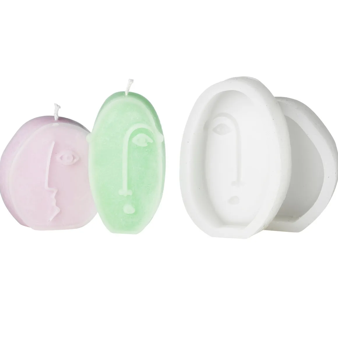 Silikonform til å støpe lys – to ansikter – høyde 7,5 / 9,5 cm, dybde ca. 2 cm