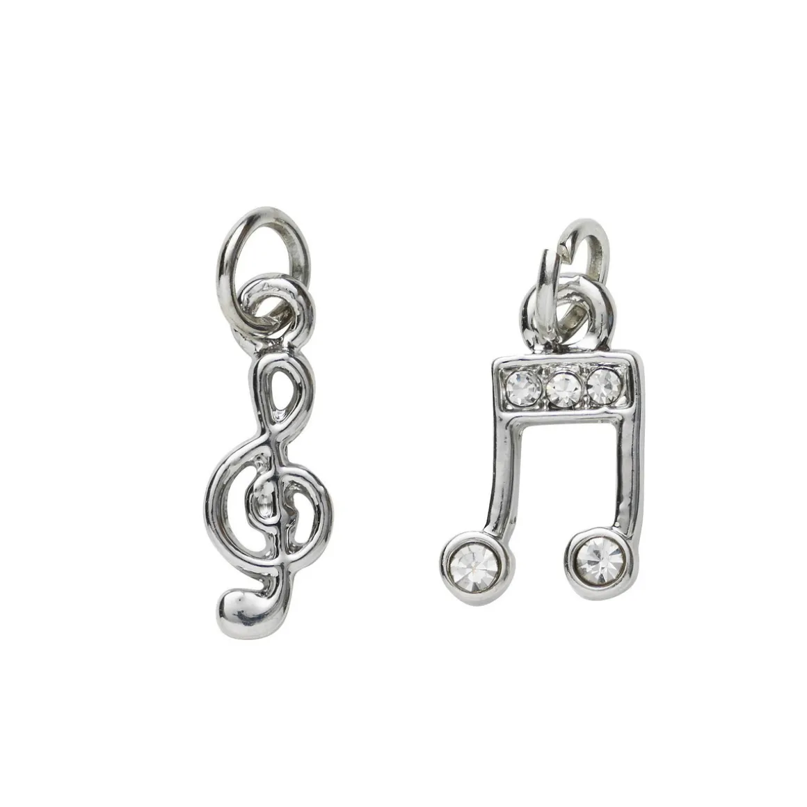 2 sølvfargede anheng / charms G-nøkkel 5×15 mm, note med strass 7,4×14 mm