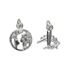 2 sølvfargede anheng / charms jordklode Ø12 mm, fly 13×15 mm