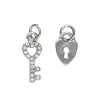2 sølvfargede anheng / charms lås 8×10 mm, nøkkel strass 6,5×16,8 mm