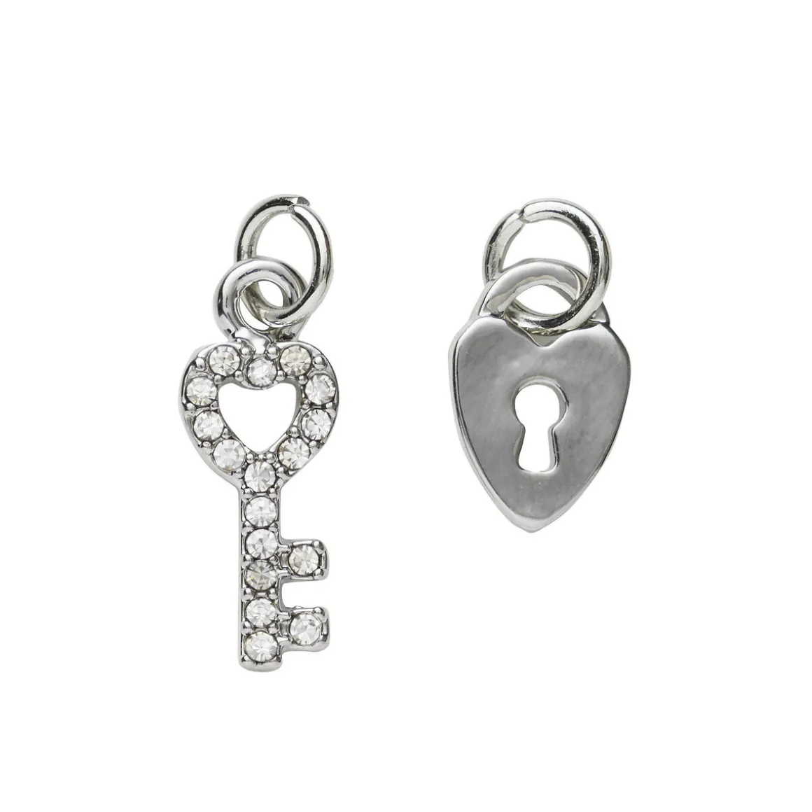 2 sølvfargede anheng / charms lås 8×10 mm, nøkkel strass 6,5×16,8 mm