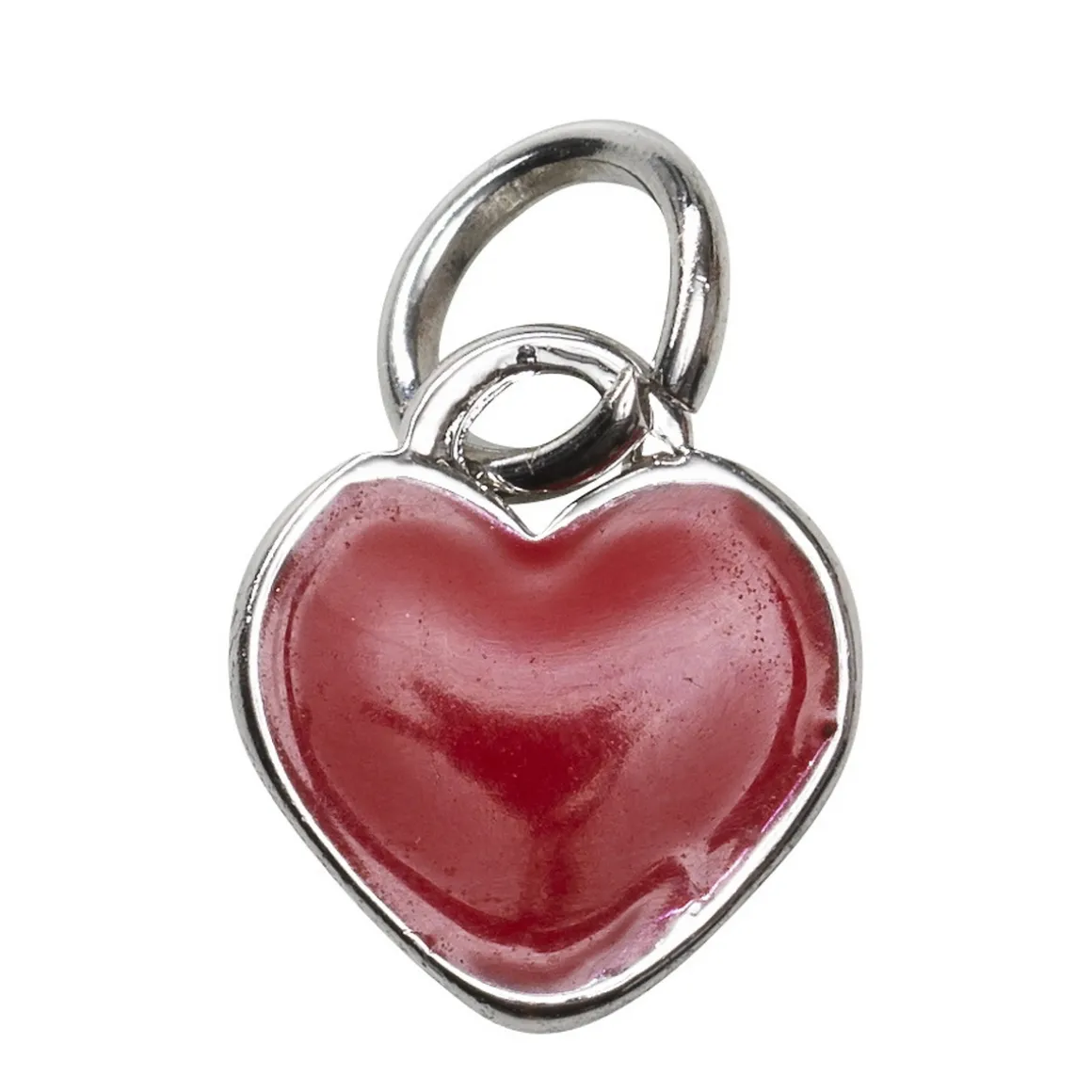Sølvfarget anheng / charm rødt hjerte Ø7,5 mm, 3,7 mm dypt