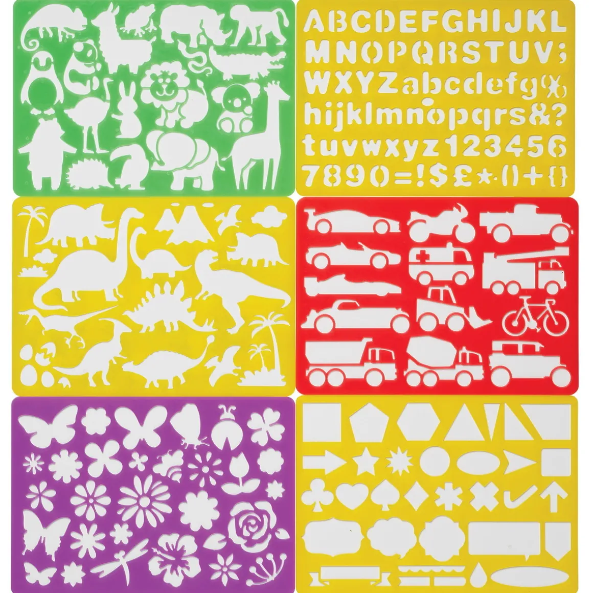 Stensiler sjablonger av plast, 21×15 cm, 6 forskjellige fine temaer for barn