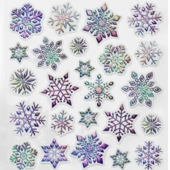 Stickers Jul, iriserende klistremerker med snøflak på hvit bakgrunn, 13×12 cm ark