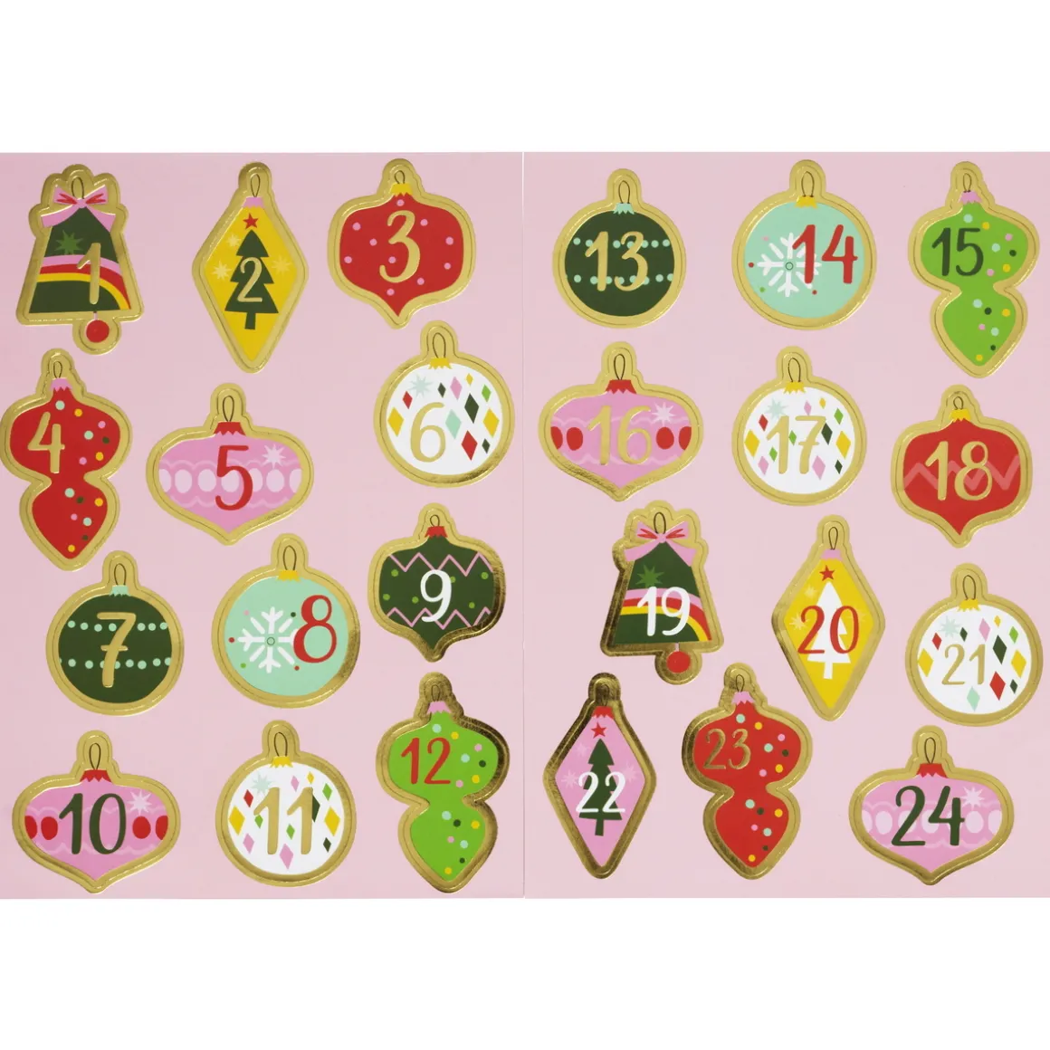 Stickers Jul, 24 julekuleklistremerker med en mengde gull metallic, tallene 1–24. 15×21 cm ark